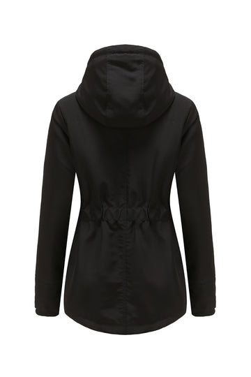 Winter Black Hooded Drawstring ZipperThickened Padded Jacket